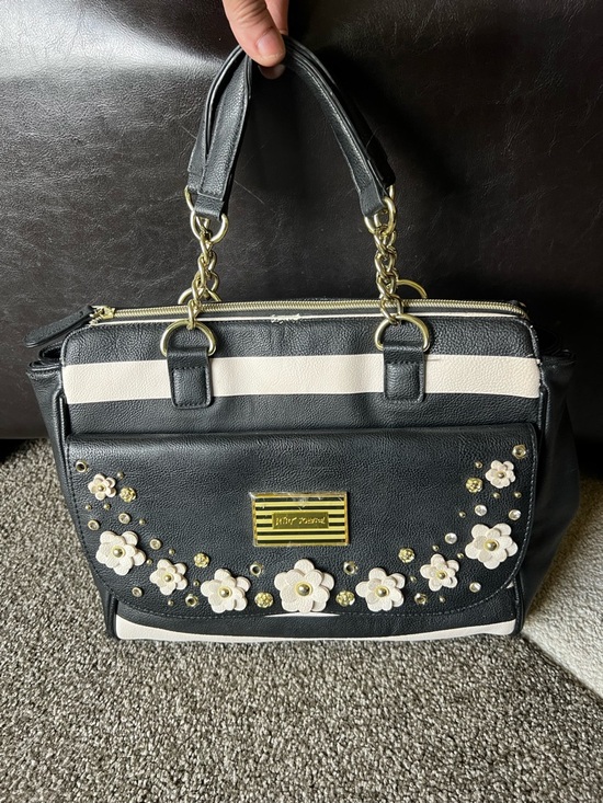 Betsey Johnson Handbags - Betsey Johnson Floral Embellished Black and Cream Striped Purse Satchel Bag